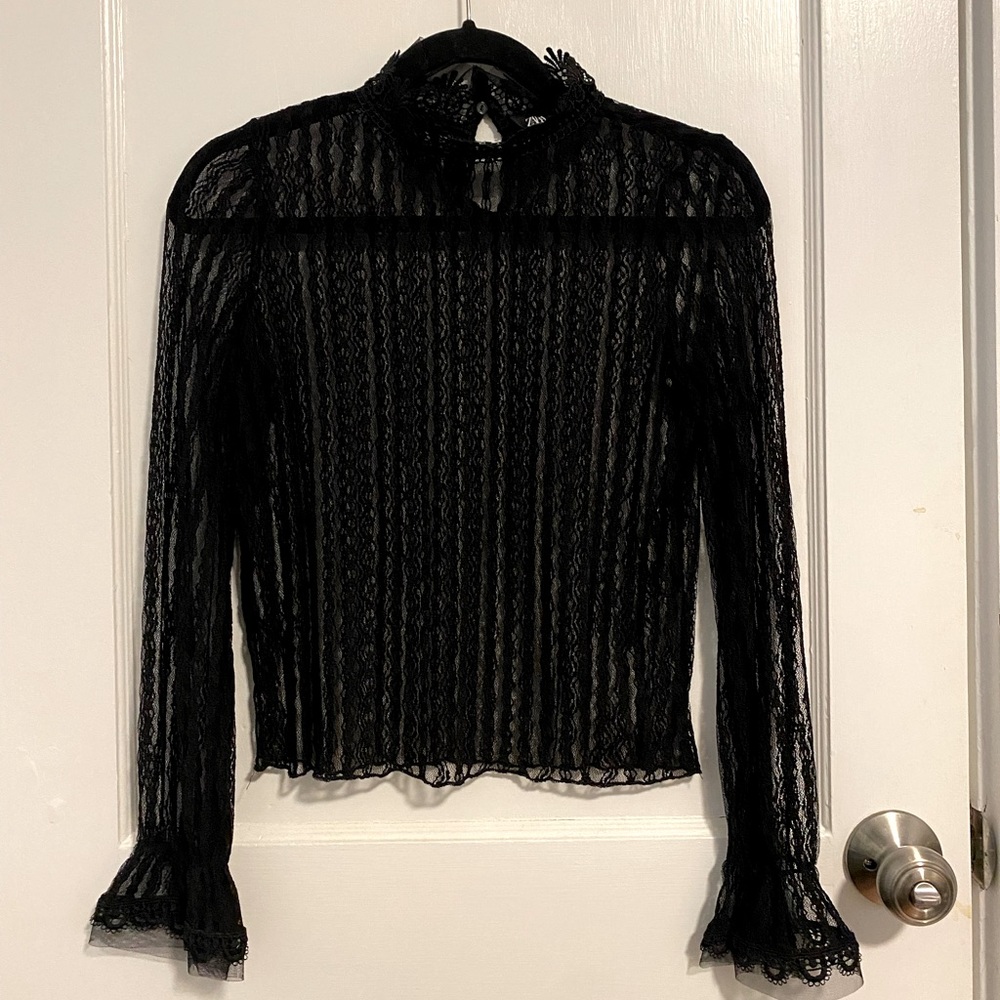 Sheer Lace Top with Ruffled Collar and Cuff Detail